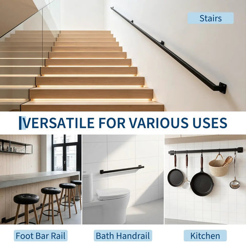 Heavy Duty Ten Foot Black Metal Stair Railings Indoor And Outdoor Featuring Hella Sturdy Wall Mounted Construction For Rock Solid Five Hundred Pound Load Capacity And Maximum Family Safety With Zero Wobble on modern stairs with lighting.