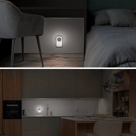 Two Pack Plug In LED Night Lights With Sensor Auto On At Dusk Kid Friendly illuminating a bedroom and kitchen.
