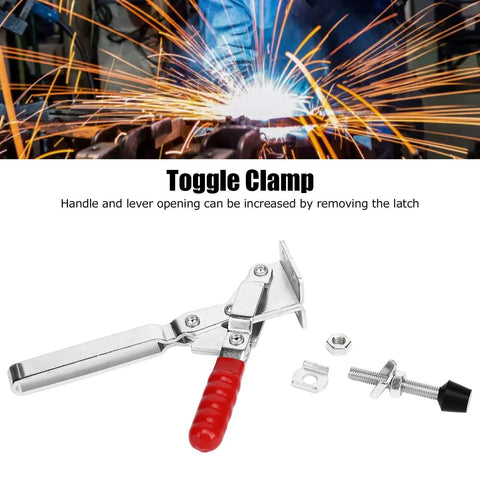 Vertical Long Arm Toggle Clamp With Quick Release Lever Slick Crimping And Welding Fixture For Workshop Projects showing metal body and red grip.
