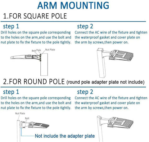 Arm mounting instructions for High Efficiency 500W LED Parking Lot Light Replacement With Dusk To Dawn Photocell Adjustable Shoebox LED Street And Area Light 19500 Lumen 5000K IP65 Outdoor Commercial Lighting For Parking Lots And Yards.