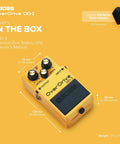 Compact Overdrive Pedal With Dual Stage Overdrive Circuit Delivers Amp Like Warm Dynamic Tone And Rich Sustain For Classic Rock Metal And More A Pedalboard Essential With Easy To Use Controls, showing size dimensions and contents including pedal, battery, and manual.
