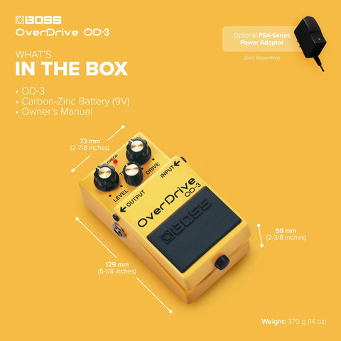 Compact Overdrive Pedal With Dual Stage Overdrive Circuit Delivers Amp Like Warm Dynamic Tone And Rich Sustain For Classic Rock Metal And More A Pedalboard Essential With Easy To Use Controls, showing size dimensions and contents including pedal, battery, and manual.