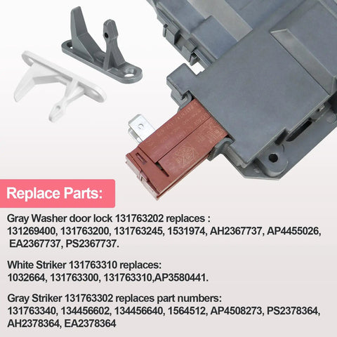 DIY Friendly Front Load Washer Door Latch Lock Replacement Assembly For Frigidaire Affinity And Kenmore Washers 131763256 131763202 131763310 GLTF2940FS1 FAFW4011LW0 close-up with replacement part numbers