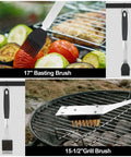 Stainless steel basting brush and grill brush from 15 Piece Heavy Duty Stainless Steel Grill Tool Set With Long Sixteen And A Half Inch Spatula, Fork, Tongs, Basting Brush, Cleaning Brush, Skewers, Corn Holders, Thermometer And Carry Bag For Backyard Barbecues Cookout Ready.