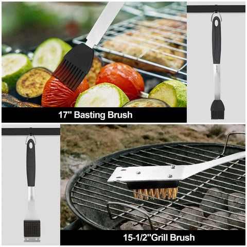 Stainless steel basting brush and grill brush from 15 Piece Heavy Duty Stainless Steel Grill Tool Set With Long Sixteen And A Half Inch Spatula, Fork, Tongs, Basting Brush, Cleaning Brush, Skewers, Corn Holders, Thermometer And Carry Bag For Backyard Barbecues Cookout Ready.