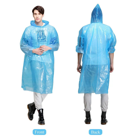 Disposable Emergency Rain Ponchos For Adults And Kids, Family Pack Of 12 In 4 Colors, front and back of blue poncho