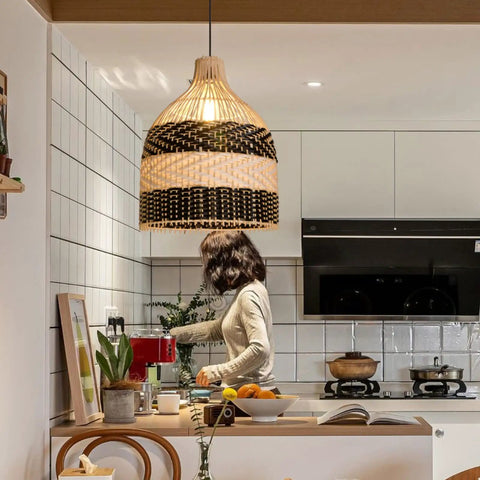 Rattan Pendant Light For Kitchen Island With Handmade Woven Lampshade Cool Ceiling Hanging Fixture Over Kitchen Counter