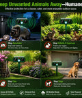 Solar Ultrasonic Outdoor Animal Deterrent With Motion Sensor IP65 Waterproof Garden Repeller, green solar unit in garden