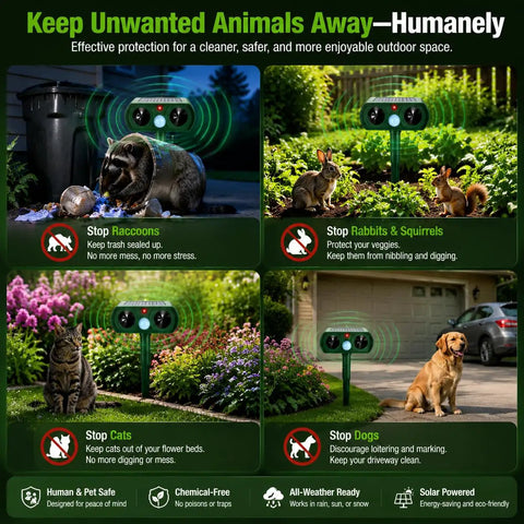Solar Ultrasonic Outdoor Animal Deterrent With Motion Sensor IP65 Waterproof Garden Repeller, green solar unit in garden