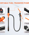 Cordless portable fuel transfer pump (front view) in orange and black with flexible hose and nozzle.