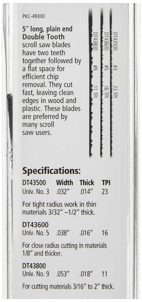 5 inch Premium Double Tooth Scroll Saw Blade specifications for wood and plastic cutting with clean edges and efficient chip clearance.