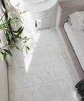 Off White Marble Peel And Stick Vinyl Floor Tiles 12x12 Waterproof Self Adhesive in modern bedroom with soft furnishings