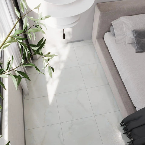 Off White Marble Peel And Stick Vinyl Floor Tiles 12x12 Waterproof Self Adhesive in modern bedroom with soft furnishings