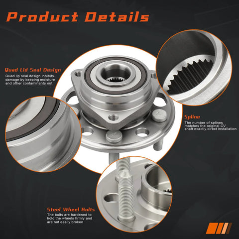 Front Wheel Hub And Bearing Assembly Pair Direct Fit For Buick Allure Lacrosse Regal Cadillac XTS CTS Malibu Impala Equinox Terrain Saab 9 5 5 Lug With ABS highlighting seal design, spline, and wheel bolts details.