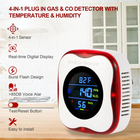 Four In One Plug In Carbon Monoxide And Gas Leak Detector With Real Time Display And Temperature Humidity Monitor for kitchen use.