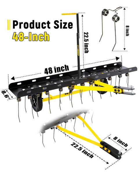 Tow Behind Lawn Dethatcher With 24 Spring Steel Tines And Heavy Duty Carbon Steel Frame, 48 Inch Wide, shown in dimensions diagram