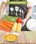 10 Pack Refrigerator Pantry Organizer Bins With Lids To Keep Your Snacks Chill And Food Stash Tidy, holding carrots and corn with drain trays.