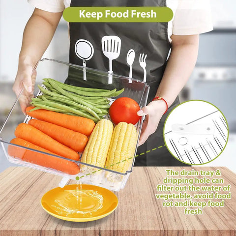 10 Pack Refrigerator Pantry Organizer Bins With Lids To Keep Your Snacks Chill And Food Stash Tidy, holding carrots and corn with drain trays.