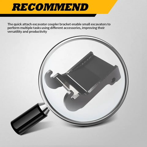 Quick Attach X Change Excavator Coupler Bracket for E Series and Mini Excavators shown in black coated steel, close-up view