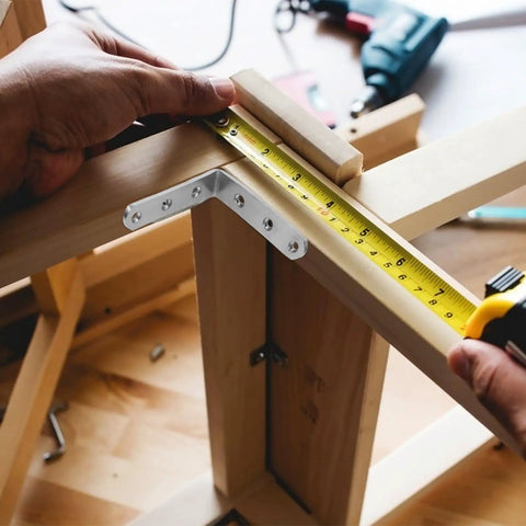 Stainless Steel L Shaped Corner Bracket For Furniture Fixing With Screws in use on wooden cabinet, 90 Degree Angle Plate Bracket