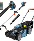 Self Propelled Gas Lawn Mower Kit With 21 Inch Cut 170cc Engine 3 In 1 Deck Mulch Side Discharge And Bagging 1.7 Bushel Bag Plus 26.5cc String Trimmer And 4 Cycle Leaf Blower For Complete Yard Work shown with accessories
