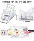 Close-up of 40 Pack 2 Pin 8mm RGB LED Strip Connectors waterproof solderless adapter with dimensions for 5V 12V 24V LED strips.