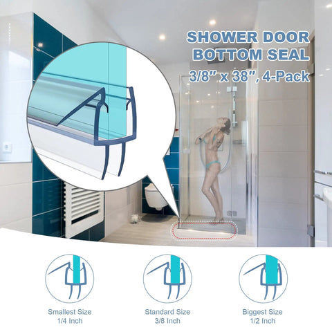 4 Pack Frameless Shower Door Bottom Seal For 3/8 Inch Glass Clear PVC Seal Strip in modern bathroom illustration