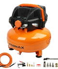 Built Like A Bulldog Six Gallon Pancake Air Compressor with accessories, orange tank, electric engine for pneumatic tools.