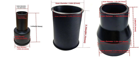 Three Piece Vacuum Adapter Kit For Wet Dry Vacuums With Hose To Hose Connector And Two Adapters 2-1/2 In To 1-7/8 In And 1-7/8 In To 1-1/4 In Includes A Hose To Hose Connector For Extended Reach Works With Standard Vacuum Hoses Wands And Accessories with dimensions displayed
