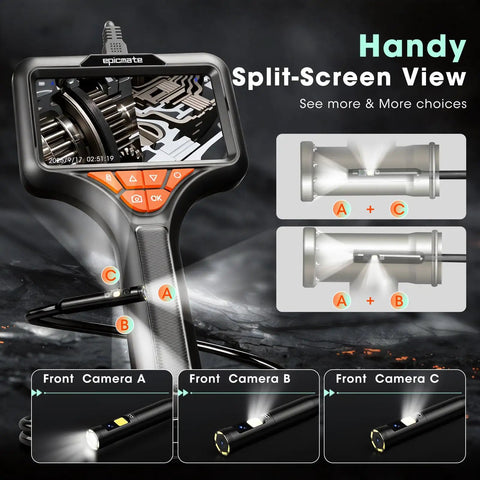 Pro Grade 5 Inch Triple Lens Handheld Endoscope With Light And Screen 1080P HD Borescope For Inspections Front And Side View Camera Bright IPS Display Easy To Use Industrial Repair Tool showing split-screen views and front cameras A, B, C
