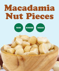 Wooden bowl filled with Macadamia Nut Halves And Pieces Bulk 25 Pounds Raw Unsalted Shelled Kosher Vegan Go To Keto Snack.