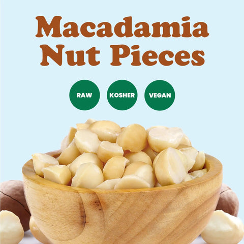 Wooden bowl filled with Macadamia Nut Halves And Pieces Bulk 25 Pounds Raw Unsalted Shelled Kosher Vegan Go To Keto Snack.