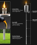 Stainless Steel Outdoor Torches Set Of 2 5 Ft Citronella Oil Lamps With Fiberglass Wick And Snuffer Cap Wind Resistant Backyard Garden Lights diagram.