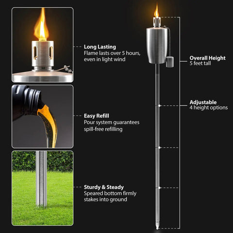 Stainless Steel Outdoor Torches Set Of 2 5 Ft Citronella Oil Lamps With Fiberglass Wick And Snuffer Cap Wind Resistant Backyard Garden Lights diagram.