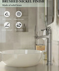 Tall Vessel Sink Faucet With Waterfall Spout Brushed Nickel Finish Single Lever Handle 1 Hole Install beside vessel sink