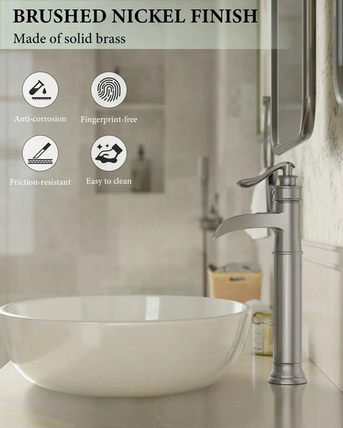 Tall Vessel Sink Faucet With Waterfall Spout Brushed Nickel Finish Single Lever Handle 1 Hole Install beside vessel sink