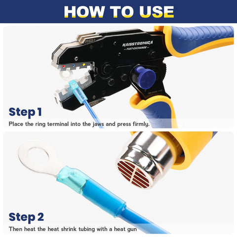 haisstronica heat shrink ring terminals kit; insulated ring terminals shown with crimp tool and heat gun