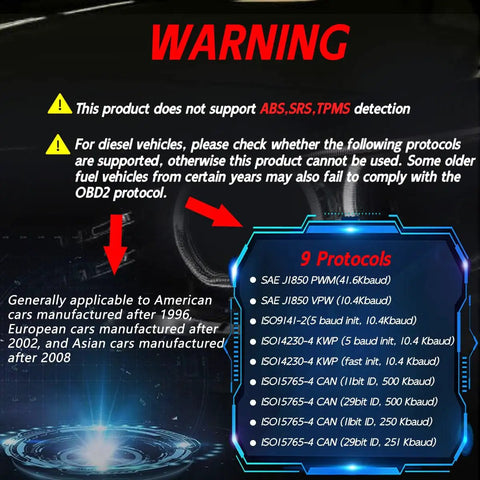 All Vehicle OBD2 Diagnostic Tool With Full Code Reading And Clearing, Engine Light Reset, Live Data Stream, IM Readiness protocols warning
