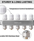 Five-Branch Radiant Heat Manifold In Stainless Steel For Hydronic Floor Heating With PEX Outlet Compatibility Half Inch Adapters