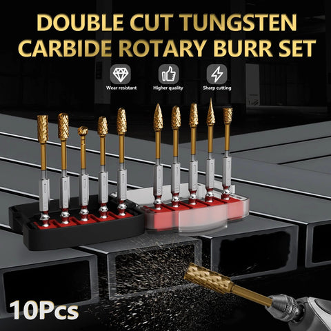 Front view of a 10-piece carbide burr set with 1/4 in shanks and gold-coated heads in a rack.