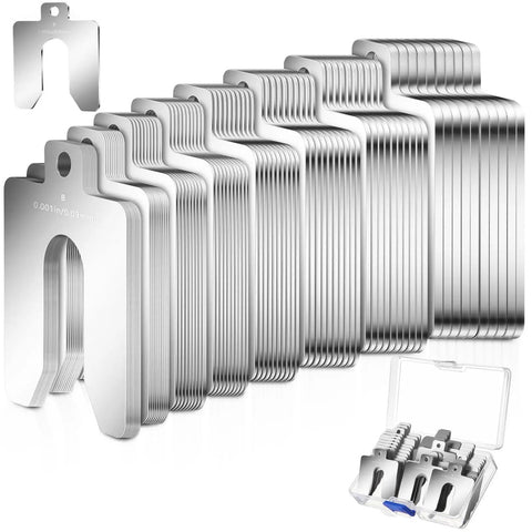 80 Piece Slotted Stainless Steel Shim Kit 3 Inch By 3 Inch Leveling Shims With Storage Case Eight Thicknesses From 0.001 To 0.075 Inches For Machinists Motors Woodworking And Door Fitment