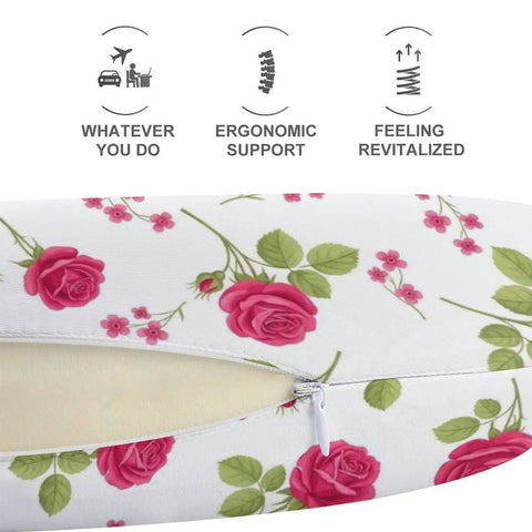 U Shaped Travel Neck Pillow For Women Comfy Plush Comfort For Sleeping And Napping Breathable Floral Pink Rose Vintage Design zipper detail