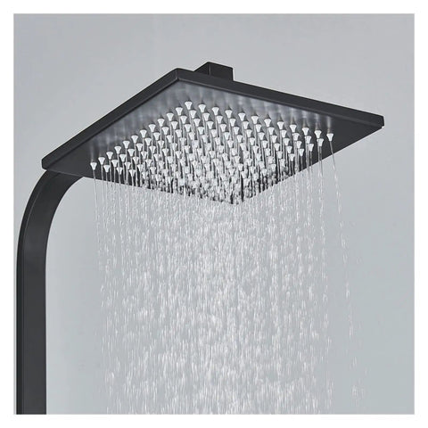 RIBEUJIZS Digital Shower System, Black Thermostatic Shower Faucets Digital Display Screen Rainfall Head pouring water.