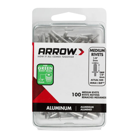Medium Aluminum One Eighth Inch Pop Rivets For Metal Fabric Leather And Auto Repair 100 Pack Pro Grade Easy Install Quick Set Rivets package