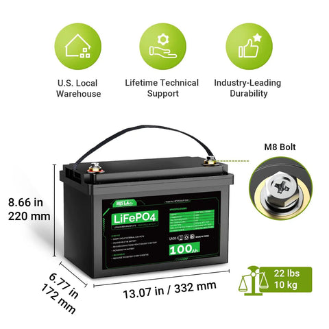 12V 100Ah LiFePO4 Battery With Built In BMS For RV Off Grid Solar Trolling Motors And Marine Use 1280Wh Deep Cycle Power With dimensions