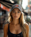 Woman wearing Unisex Dragon Boat Norway Flag Baseball Cap Gray Low Profile Dad Hat Go To Everyday Comfort Breathable 100 Percent Cotton Adjustable Back Closure Classic Golf Style For Men Women in street setting.