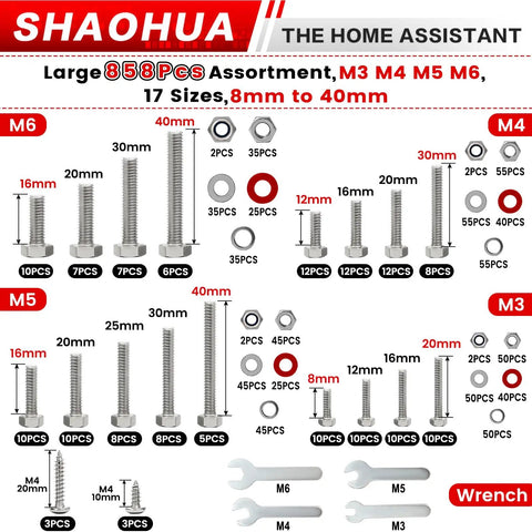 Must Have All In One Hex Head Bolt Kit M3 Through M6 With Nylon Lock Nuts And Washers, 858 Piece Metric Fastener Set For Home Auto And DIY Projects, 17 Sizes From 8mm To 40mm Ready For Any Repair Job; M3-M6 bolts and washers