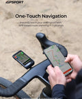 Person using BiNavi Bike Computer With Touch Screen Map Navigation And Wireless GPS on bike handlebar, smartphone in hand