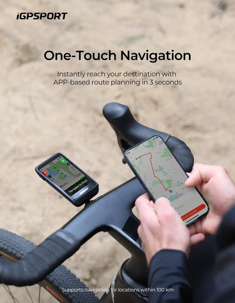 Person using BiNavi Bike Computer With Touch Screen Map Navigation And Wireless GPS on bike handlebar, smartphone in hand