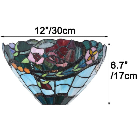 Rose Flower Tiffany Style Stained Glass Wall Sconce Lamp 12 Inch Wide Handmade Home Decor With Warm Glow, E12 Socket, shown in size